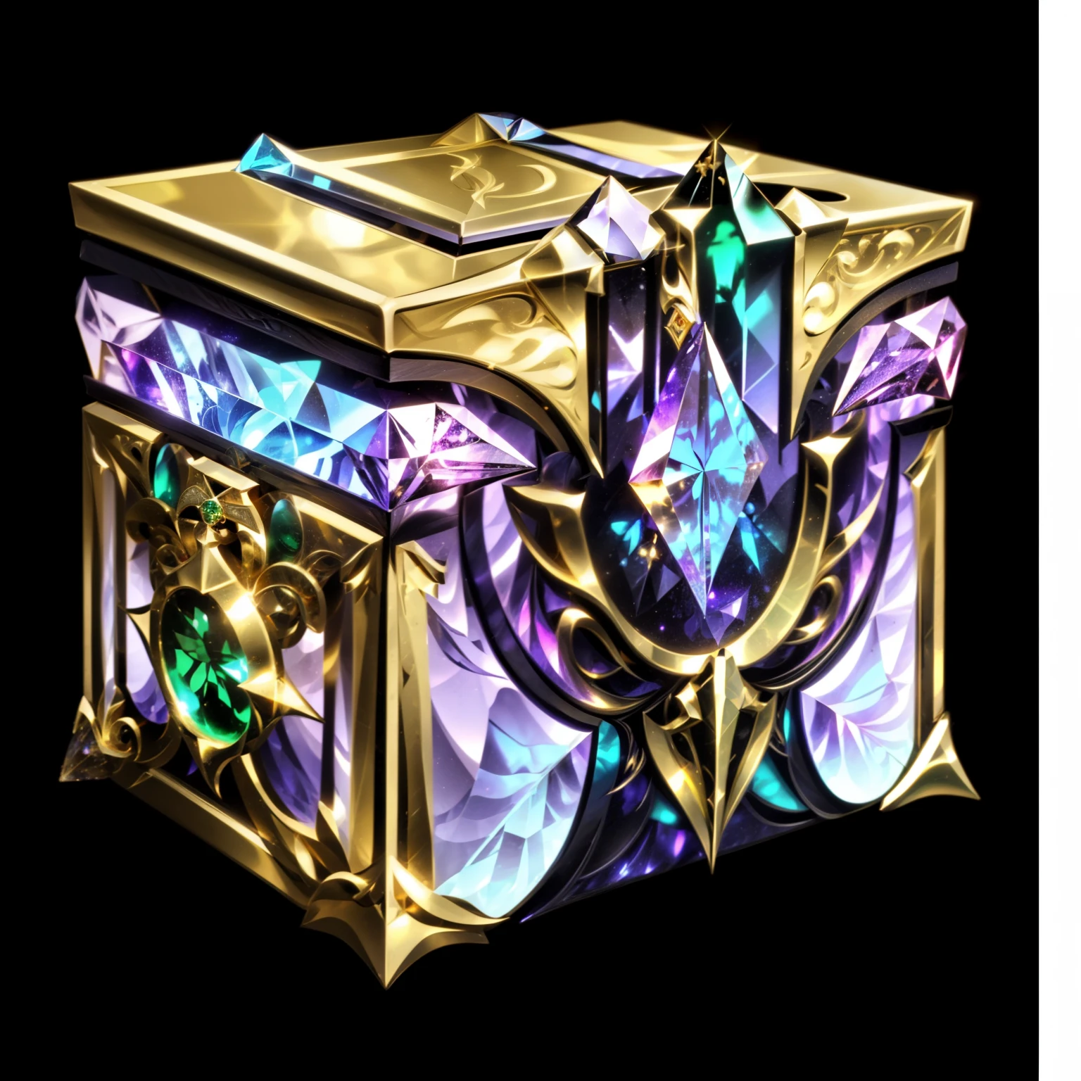  on a black background,Premium gorgeous, Reliquary, Treasure Artifact,   Magic Items,  Close-up of a multicolored and gold box with colored gemstones ，crystal, Coloured Jadeite ， game icon研究所， game icon， Diablo Conceptual Art Drawing，HD，4K，