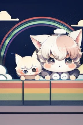 masterpiece、Illustration，Chibi character，cute，Baby kitsune，((Locomotive，Rainbow smoke ，Rainbow Tunnel ，clock))，ＢＲＥＡＫＥ　Locomotiveに乗ったBaby kitsuneのIllustration