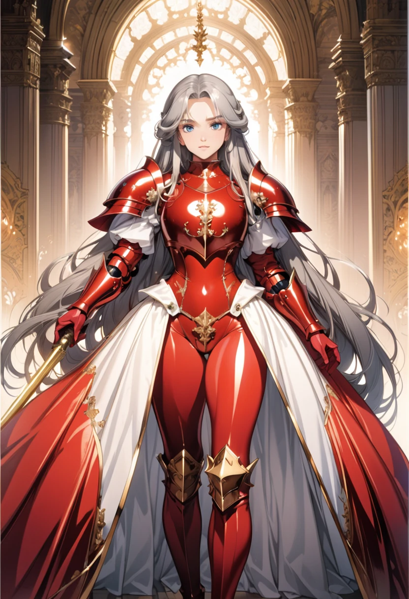 (solo),1girl,anime face,Azur Lane style,cowboy shot,A beautiful face with perfect makeup,Curvy body,(Vulgar: 1.5),((red luxurious and noble royal knight armor latex high leg leotard)),((matte high leg body suit)),((large golden shoulder armor)),(breastplate:1.3),(zettai ryouiki thigh high boots),((pantyhose)),((gray hair long straight hair:1.2)),(layered long cloak),large breasts,gauntlet,vambrace,He has a spear in his hand,Use a spear as a weapon,Cross spear,goldsmith spear,sharp point,long handle,fitted bodice,Long middle parted voluminous bangs,white dress elbow gloves,cleavage,beautiful blue eyes,perfectly accurate hand,perfect fingers,long glove,greeting,The Royal Palace's Great Hall,beautiful lighting,masterpiece,highest quality,8k,Ultra-detailed anime style,(cameltoe:0.8),cleavage,