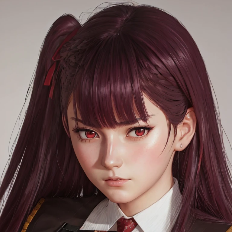    There is a woman with long hair who wears a suit and tie., colegiala hiperrealistic, a colegiala hiperrealistic, Realistic young anime girl   ,   anime-style realism   ,  estilo de arte anime realistic ,  estilo de arte de anime realistic , Estilo anime 3D realistic, portrait of an anime girl,    artwork in the style of Guweiz   , Detailed portrait of an anime girl,   incredible anime face portrait  .  model,   of German origin (beautiful,elegant,sexy)  y Russian  (beautiful,sexy,linda) ,   just looking at the viewer , (realistic:1.4), (:1.0), red eyes,   Round pupils   (perfecta), eyelashes(perfecta),form (perfecta),form(better light), beautiful eyes, shirt, jacket, red tie,white skin, ( burgundy hair color   ), Braid, (one side up:1.2), (   hair band  ), (blush, ashamed), (while getting angry),(Detailed, ultra-Detailed, high Detailed, ultra realistic 8k CG,   perfect artwork, lyrical), wooden table, flores, information, no profit 