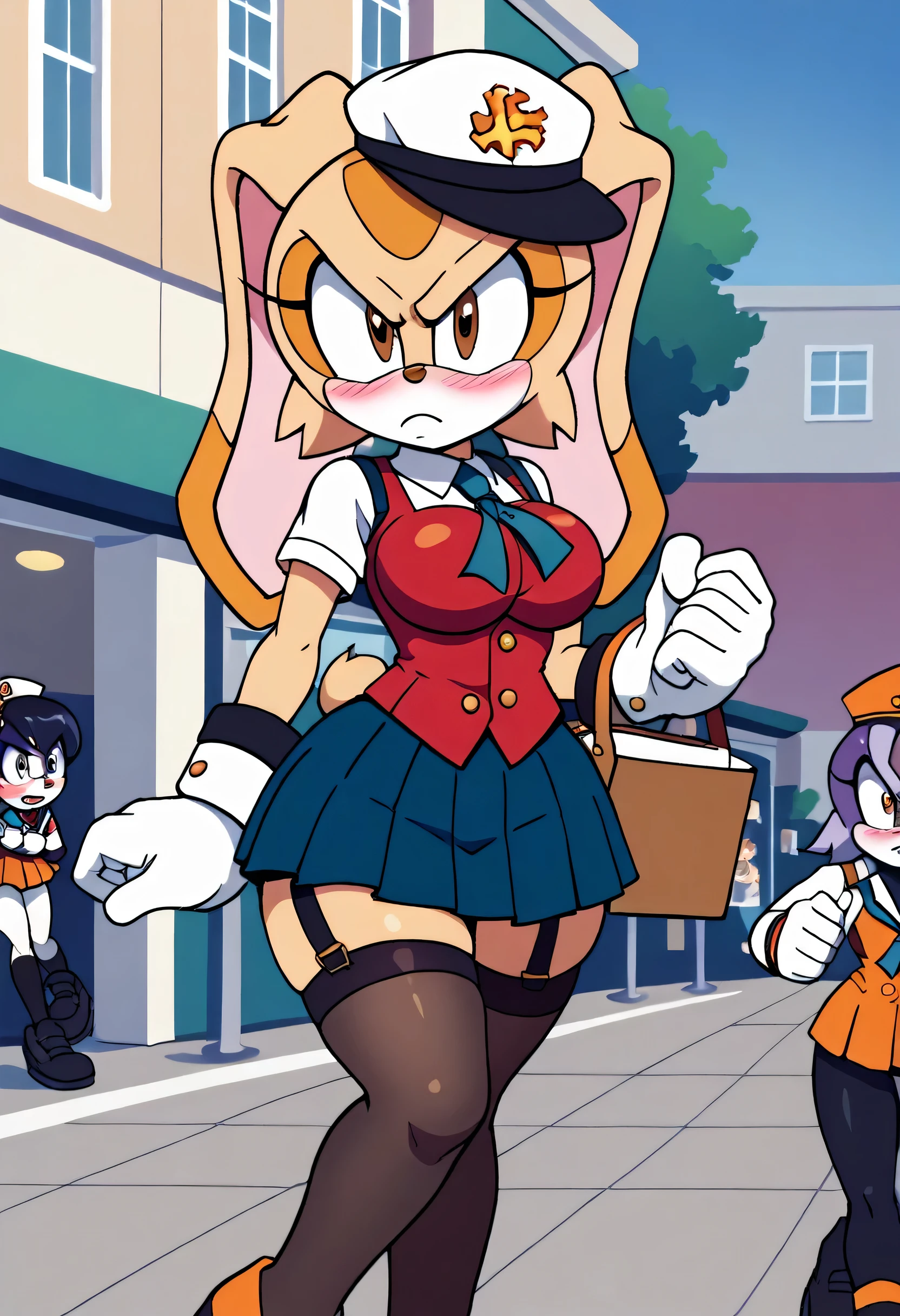 Cream the rabbit ,angry look, blushing,schoolgirl vest, sailor hat , long hair ,,schoolgirl skirt,ojos café, black stockings with straps,,  black gloves , small hips , large breasts,small hip,  Big Thighs,   walking on the street ,a lot of buildings in the background, at sunset