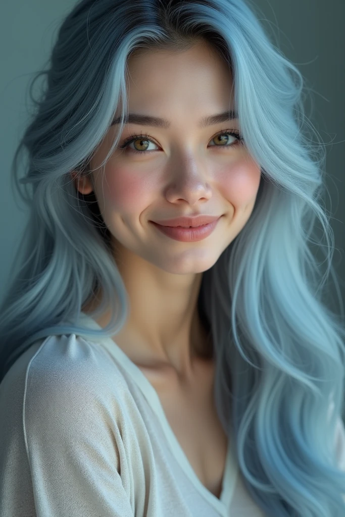 a cool mother with long light blue hair smiling gently