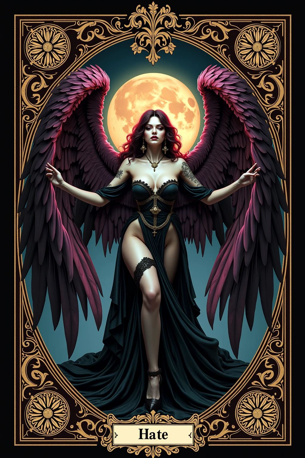  perfect face, perfect body, full body,  perfect hand, colorful design , mythical, fatal seduction, erotic pose, big eyes, body covered with tattoo, red lips, erotic, dark light, glowing light, death ,  dark queen