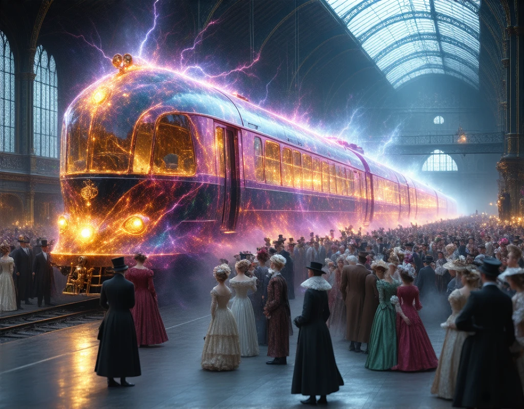  19th century London train station ,  people in 19th century clothes (dresses,costumes,19th century hats ),  people stand on perone and are scared and surprised , у перрона появился невероятно фантастический высокотехнологичный  train from the distant future ( incredible hourglass design ,Futurism, fantastic appearance , future decoration materials )  The train is shrouded in a translucent energetic field through which colorful lightning and sparks run through,maximum quality , epic fantastic picture ,  surprised passengers standing on the platform , 19th century London train station ,  train from the distant future ,