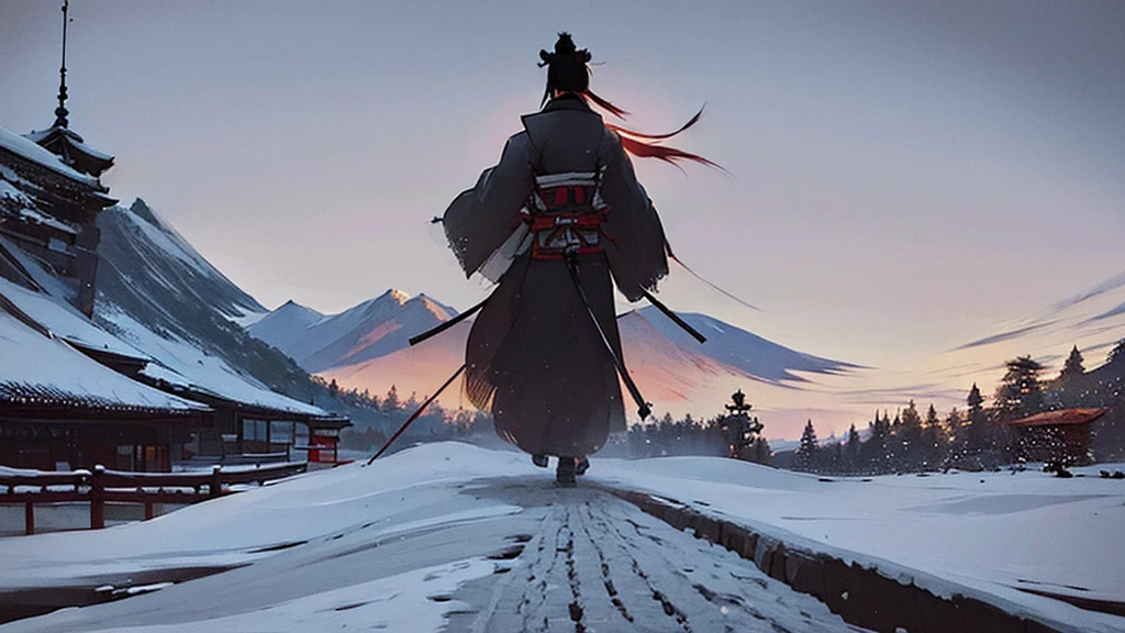 {{Back view of a samurai walking on a snowy road during a blizzard}}, Ink Painting, 