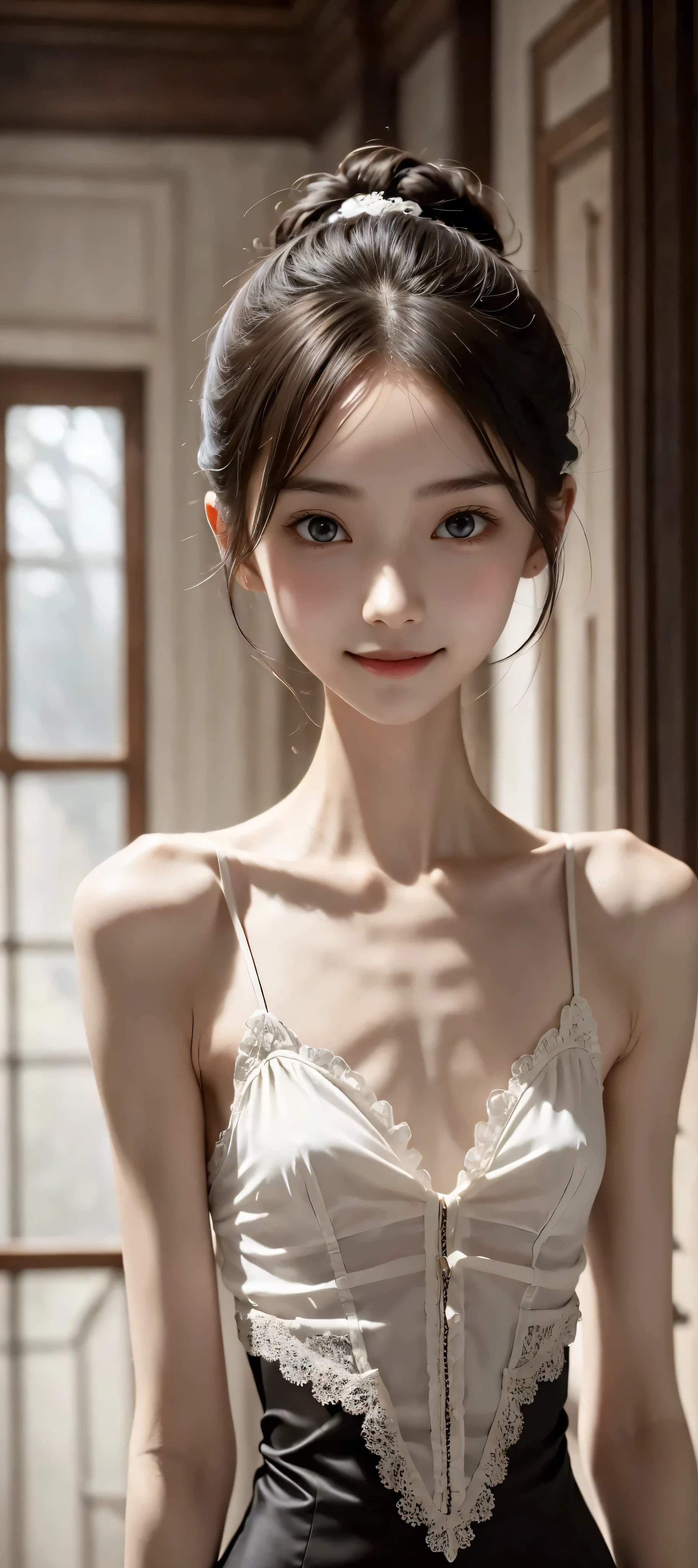 Thin arms,Narrow shoulders,delicate, very skinny ,Official art,  Unity 8k Wallpaper,  super detailed, beautiful, beautiful, masterpiece,  best quality, Darkness,  vibe, mystery, Romanticism, Creepy, literature, art, fashion,  Victorian , race,  supernatural ,smile, white skin