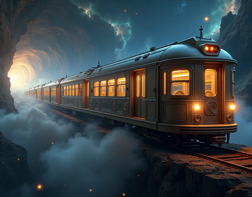 Realistic, theme is "Train that transcends time and space", a long train that wanders through space, twisting like a snake, the train is an old-fashioned subway car, various nebulae can be seen in the background, the mystery of the universe, the strange beauty, detailed side view, sophisticated design, advanced lighting technology, live-action photo 8K quality