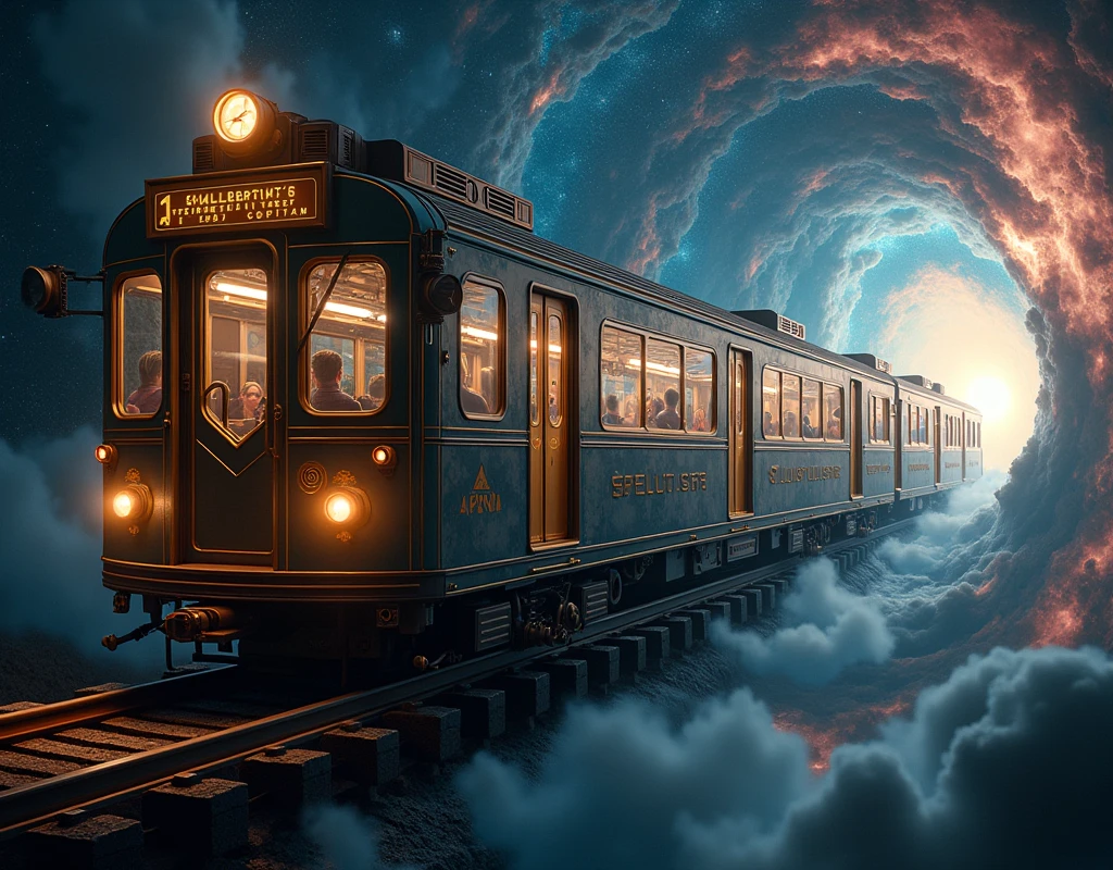 Realistic, theme is "Train that transcends time and space", a long train that wanders through space, twisting like a snake, the train is an old-fashioned subway car, various nebulae can be seen in the background, the mystery of the universe, the strange beauty, detailed side view, sophisticated design, advanced lighting technology, live-action photo 8K quality