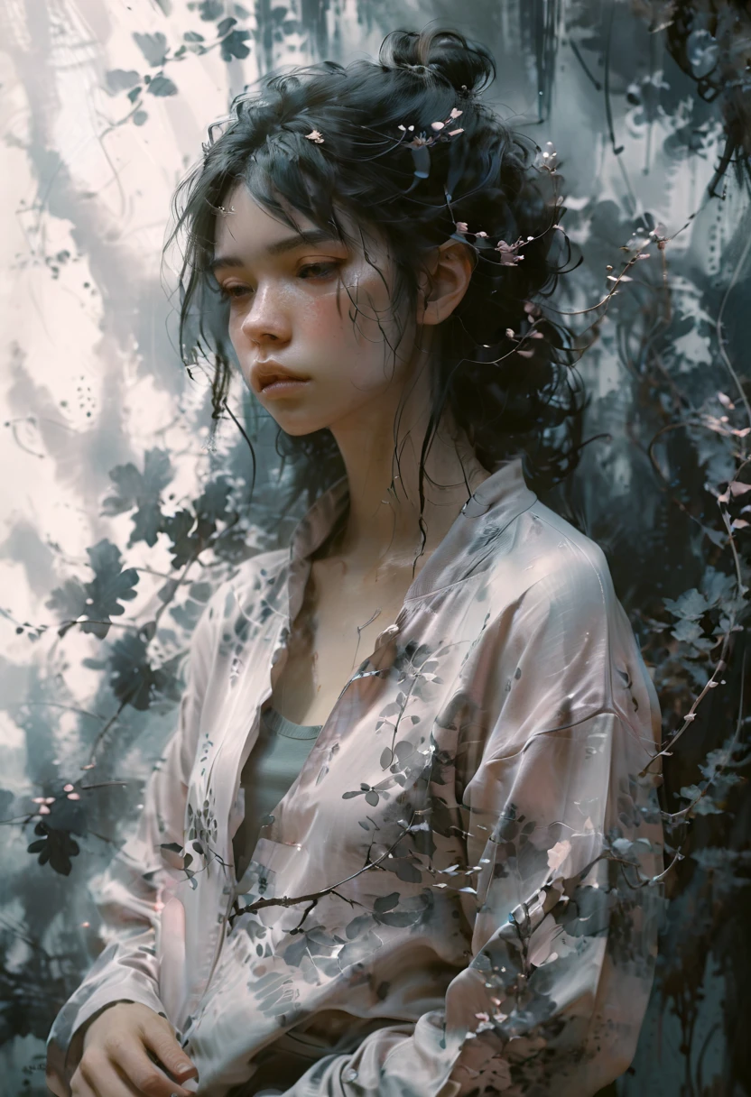 Moody portrait of a pensive young woman with flowing dark hair, inspired by the ink wash paintings of Bada Shanren and the character design of Bocchi from the anime Bocchi the Rock, delicate yet expressive facial features, branches or vines emerging from around the head, ethereal atmosphere with muted tones, hints of pale pink accents echoing Bocchi's signature tracksuit, melancholic energy balanced with a touch of youthful innocence, thoughtful gaze conveying a sense of internal struggle or creative contemplation, artstation trending, emotive character study