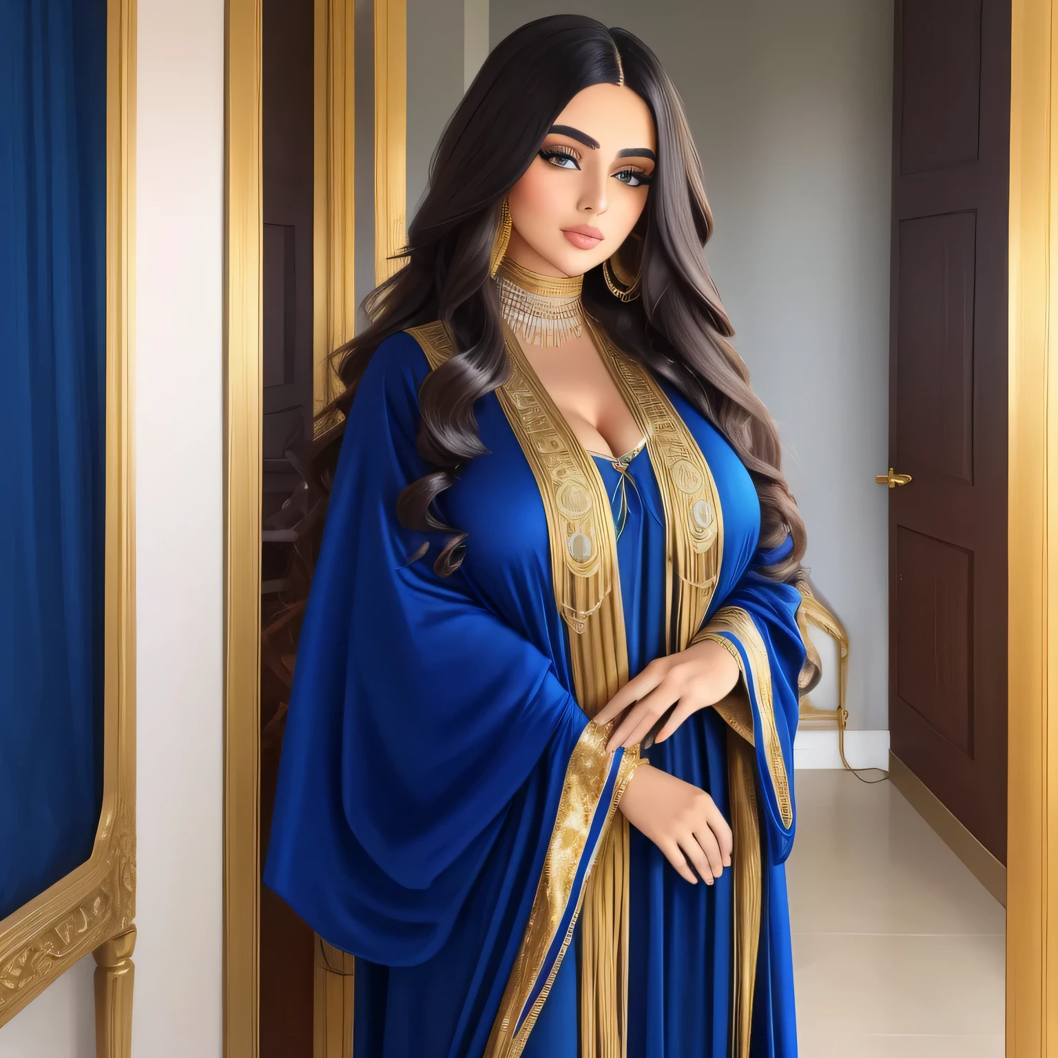 Portrait of a beautiful and plump Arab woman ,Recent photos， Long curly hair，Conservative Edgar Kaftan , A woman in a conservative blue and gold robe , Conservative high-neck dress wearing Edgar Kaftan , 