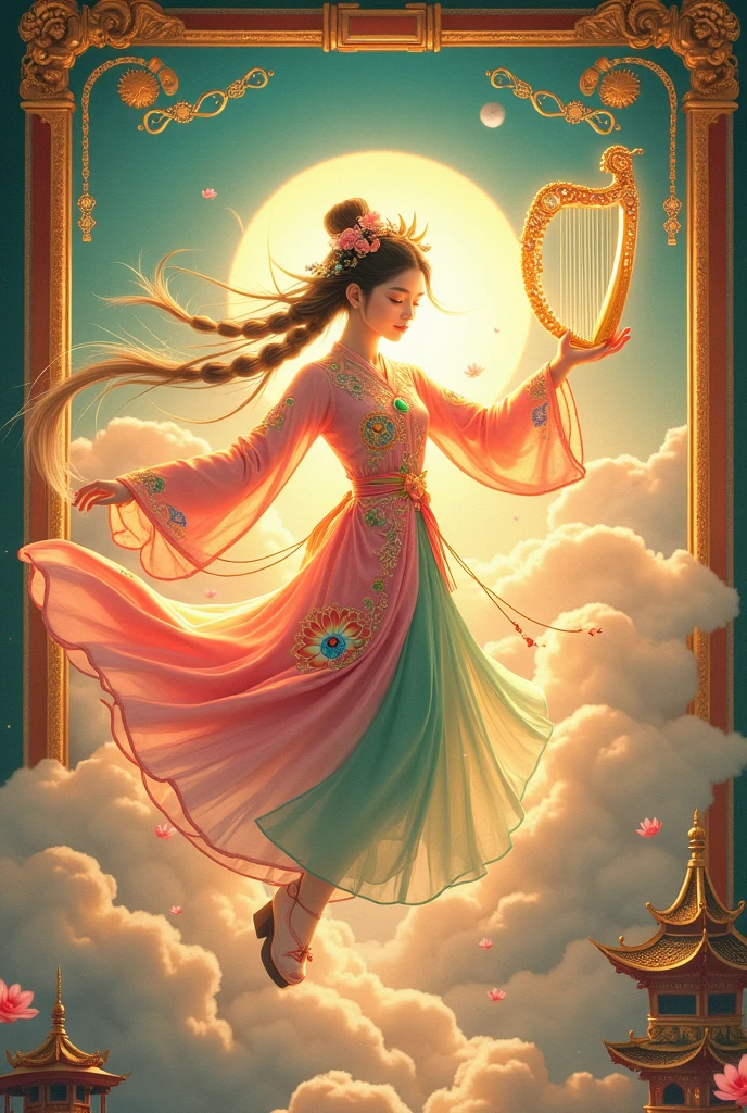 movie promotion poster , full-body shot , A Chinese girl transformed into a Dunhuang flying star wearing embroidered shoes , It combines the flying Apsara elements from Dunhuang murals and is made of radiant silk , The dress is decorated with complex and gorgeous lotus , cloud patterns and curly grass patterns , ribbon , dance , Hang in the air , and the colors are gold , pink and emerald green , Main tone , with rainbow gradient color trim , Holding a small and exquisite harp , the instrument is inlaid with precious stones , and the light shines slightly; it can be accompanied by a halo behind it , creating a fairyland-like Dunhuang desert oasis , with the Crescent Moon Spring looming below , surrounded by grottoes and pagodas of various shapes , and the sky in the background It is a fant