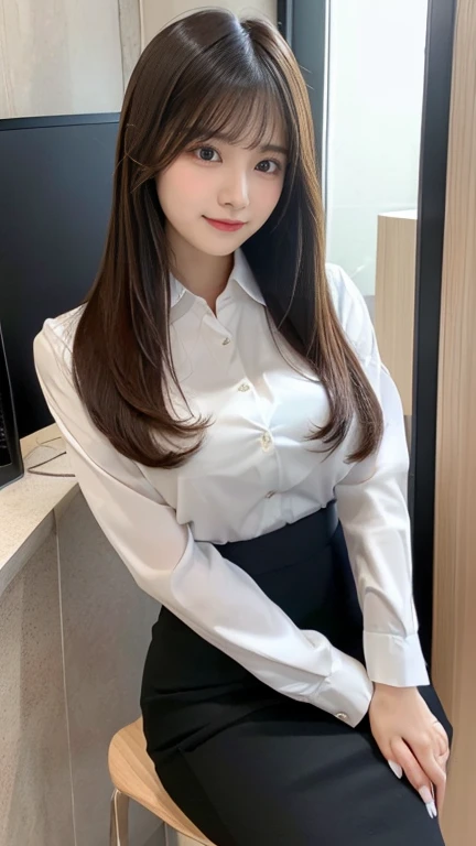 masterpiece、Actual Photos、(Cute looks:1.2)、( cute beautiful girl:1.2), (Facial beauty:1.3),( straight hair:1.3)、( detailed and beautiful eyes :1.1),  cute eyes hidden in long bangs、( detailed eyes :1.3)、 small face 、smile、(beautiful full body shot:1.3) ,Model Girl, ( business suit:1.2)、( pencil skirt:1.2)、(New Employees:1.2)、Thin ankles、(My reflection in the mirror:1.3),(Cute room:1.2)、(I'm putting my hand on my crotch:1.3)，(Open-air room:1.3),( forward slouching position:1.2)