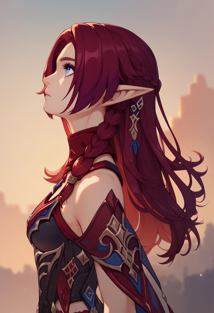 KjoChasca, red hair, blue eyes,  pointy ears ,  Hair over one eye,  long hair, Braid, from side, side, standing, Look up, look at the sky