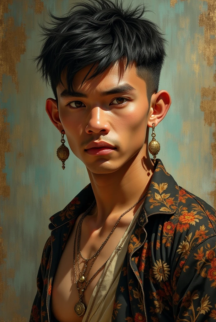 kor: 25 years old Height: 1,89 Physical constitution: Scrawny, but with defined muscles Skin color: Brunetette, with indigenous traits, smooth skin Eyes: black eyes, expressive and captivating Hair: black hair, straight and short of the 20th century.
fleshy and red mouth, beautiful smile.
indigenous clothing.
Masterpiece, 8k, painting-like, photo by full body, handsome man.