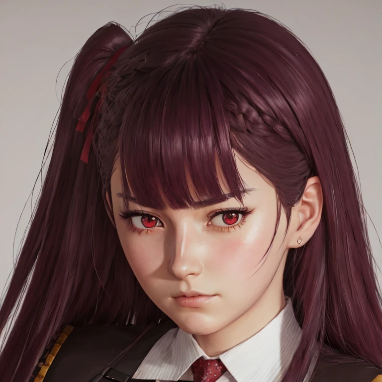     There is a woman with long hair who wears a suit and tie., colegiala hiperrealistic, a colegiala hiperrealistic, Realistic young anime girl    ,    anime-style realism    ,  estilo de arte anime realistic ,  estilo de arte de anime realistic , Estilo anime 3D realistic, portrait of an anime girl,     artwork in the style of Guweiz    , Detailed portrait of an anime girl,    incredible anime face portrait   .  model,    of German origin (beautiful,elegant,sexy)  And Russian   (beautiful,sexy,linda) ,    just looking at the viewer , (realistic:1.4), (:1.0), red eyes,    Round pupils    (perfecta), eyelashes(perfecta),form (perfecta),form(better light), beautiful eyes, shirt, jacket, red tie, white skin , ( burgundy hair color    ), Braid, (one side up:1.2), (    hair band  ), (blush, ashamed), (while getting angry),(Detailed, ultra-Detailed, high Detailed, ultra realistic 8k CG,    perfect artwork, lyrical), wooden table, flores, information, no benefit  