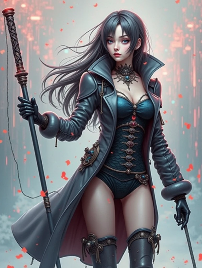Illustrating Marionne, the demon huntress, She has long wavy lilac violet hair and gray eyesclad in a form-fitting black leather outfit, comprising a wine leather trench coat, a snug red corset embellished with belts and chains, coordinated pants, long leather boots for added defense and a gothic flair, wielding a large sword with a skull-adorned guard and a realistically styled hilt, against a dark backdrop to enhance the mysterious aura, Illustration