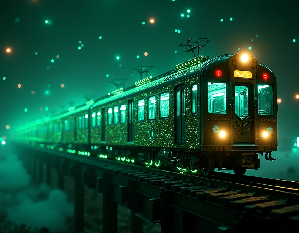 Realistic, theme is "A train that transcends time and space", a long train that snakes like a snake and wanders through digital space, the train is an old-fashioned subway car, a space of integrated circuits with complex electronic circuits, green light particles flying around, mysterious beauty, detailed side view, sophisticated design, advanced lighting technology, live-action photo 8K quality