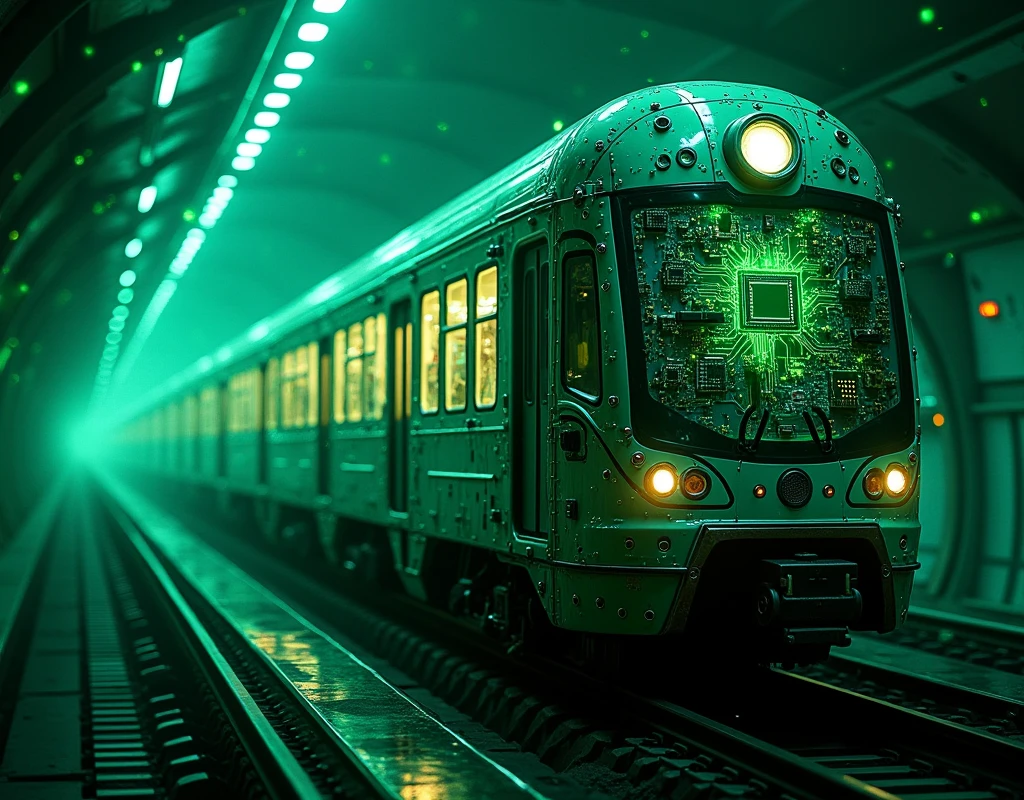 Realistic, theme is "A train that transcends time and space", a long train that snakes like a snake and wanders through digital space, the train is an old-fashioned subway car, a space of integrated circuits with complex electronic circuits, green light particles flying around, mysterious beauty, detailed side view, sophisticated design, advanced lighting technology, live-action photo 8K quality