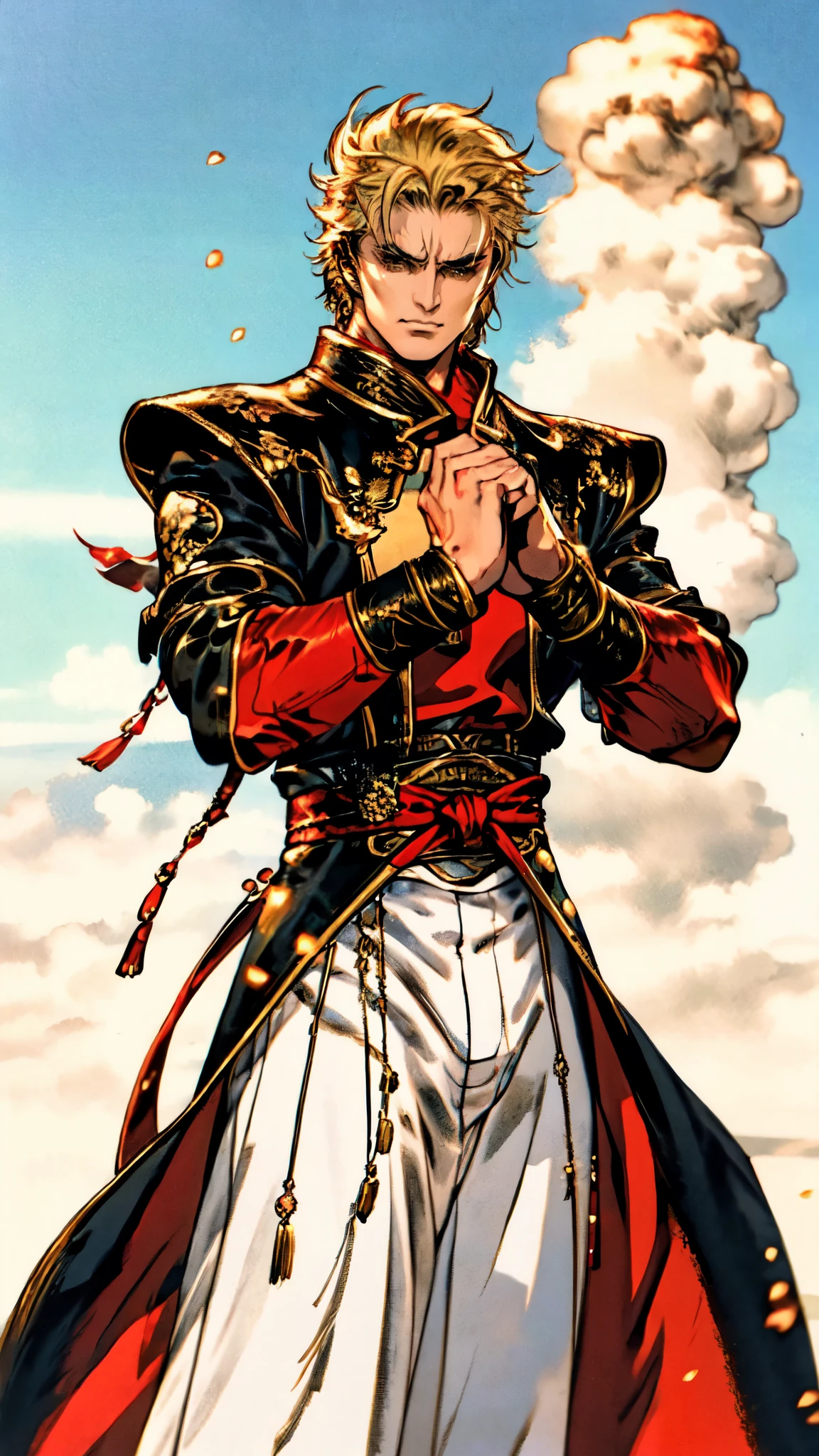 (masterpiece:1.2, best quality:1.2, extremely delicate:1.2), ((male:1.5)), a young man with dark-blue slicked-back spiky short hair, sharp and piercing eyes, arrogant expression, brown skin, tall and robust physique, a simple solid-colored traditional Chinese clothing, a red fabric belt, flowing hems, red cloth wrist guards, coarse cloth trousers, the air around him shimmers with heat distortion, standing in front of erupting volcano, this character embodies a finely crafted fantasy-style martial arts in anime style, exquisite and mature manga art style, dramatic, high definition, highres, ultra-detailed, ultra-fine painting, professional, perfect body proportions, golden ratio, anatomically correct, symmetrical face, extremely detailed eyes and face, high quality eyes, creativity, RAW photo, UHD, 32k, Natural light, cinematic lighting, (masterpiece-anatomy-perfect:1.2)