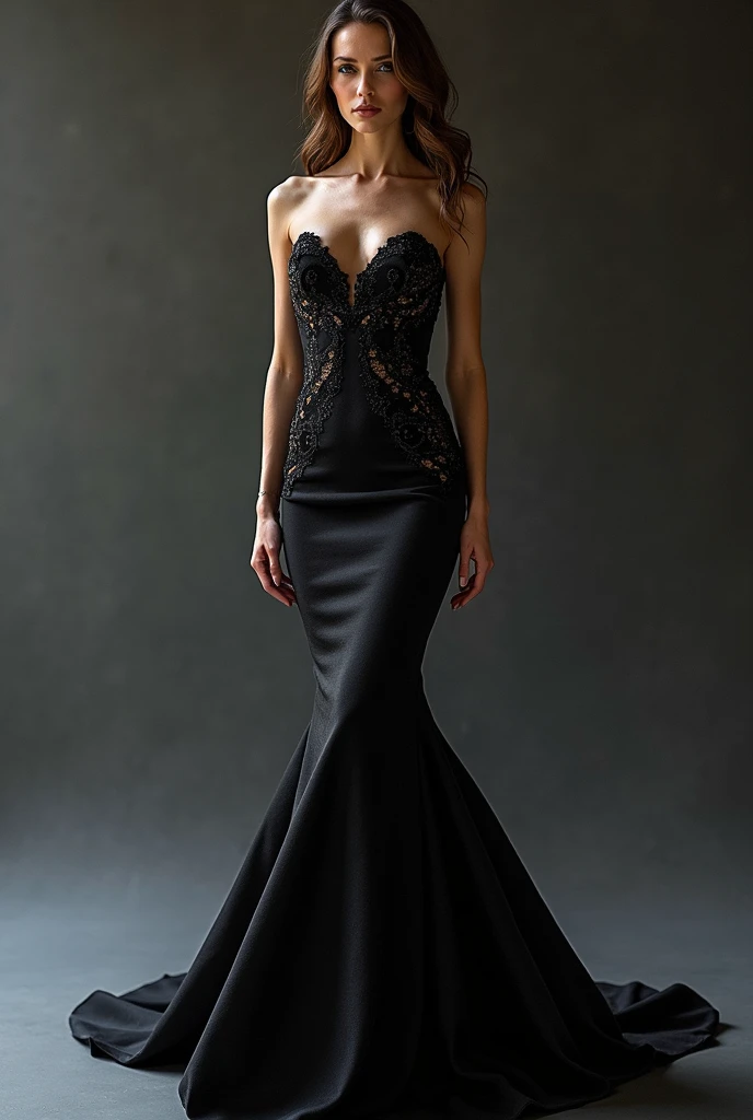 A mermaid cut dress, with a leg opening, and elegant and modern off-the-shoulder neckline, but with a theme related to Andean culture
