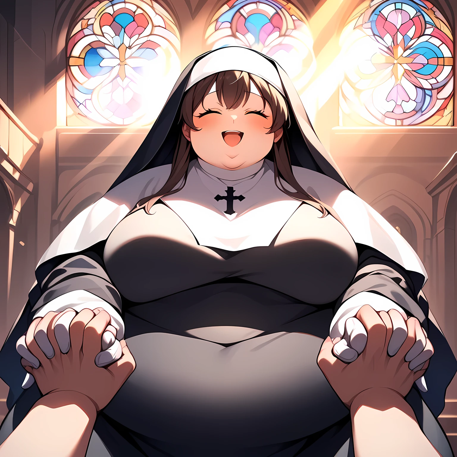 plump,(Masterpiece, best quality, highres:1.4),sagging breasts,milf,(big belly:1.5),brown hair,pussy juice, low ponytail,thick leg,thick arm,(fat girl:1.3), lower cut glasses,(huge breasts:1.2),sweaty skin, white woman, (USSBBW:1.3), (fatblob:1.4),(double chin:1.3),up arms,(ahegao:1.3),crying,(chubby face:1.4),clothing aside,white high heel,(wedding dress:1.2),princess-line wedding dress,wedding veil,Oscar de la Renta,church,vulgarity,panties