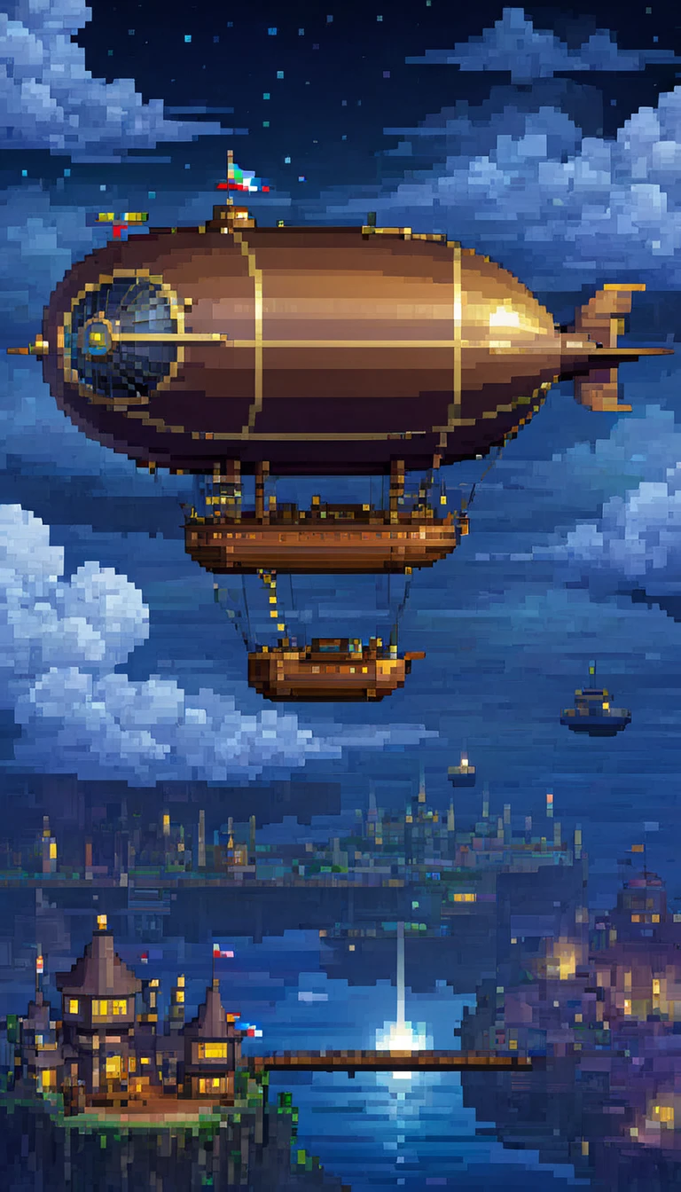 pixel art, ((1 a airship fantasy)), night, clouds, stars, top down view