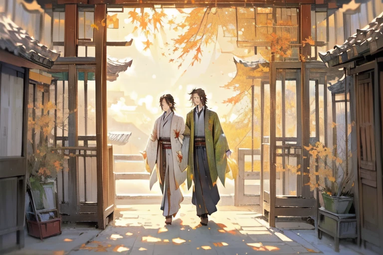 -Hanama wine, 1girl, tree, 1boy, autumn leaves, scenery, architecture, east asian architecture, autumn, outdoors, long hair, leaf, japanese clothes, dress, kimono, green dress, hetero, brown hair, walking, short hair, long sleeves