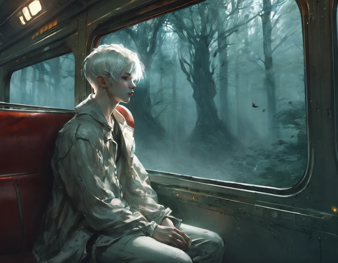 1boy,from side, stylish boy, beauty face, fantasy character, aura art, ethereal atomosphere, fantasy art, he ride on chronicle train, sitting inside train, watching outside window, mysterious forest from outside window,looking away, ethereal atmosphere, white short hair, good fashion, in the dark ,rough sketch, oil paintings,ultra deteiled anime, best quality, masterpiece, 4k, 8k ,HDR, high quality,gothic fantasy theme,