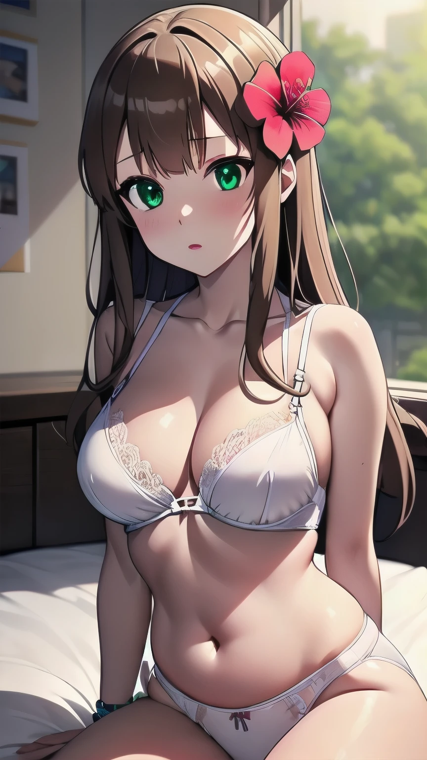 (masterpiece:1.2), ( best quality:1.2), ( Intricate Details :1.2), ( anime coloring :1.1), ((top-quality)), Solo Girl,  light brown hair , Green Eyes,  long hair,  medium breasts, sexy body and face,  wavy hair, 笑face, ( open lips:0.9), lipstick,  white lingerie,  white bra ,  white panties that fit the knee, Open stomach,  bed,  raise their legs, belly button,  clevis, clavicle,  bare shoulder ,  jewelry, bracelet, ribbon, hibiscus, frills,  sleeveless,  hair flower,   bed, indoor,  perfect hips,  sexy pose,  cowboy shot,  detailed body , face, and eyes, Illustration,  sharp concentration,  vibrant ,  creative , dynamic,  High Definition to keep your legs loosely aligned,  high definition , 16K quality, (Luxury: R-ESRGAN 4x +  anime 6 mage enhancement:4x ), (beautiful Illustration), (beautiful detailed eyes 1.2), (beautiful detailed face:1.2), (beautiful  detailed body :1.2), (Better Hands:1.2),  plump body , Cinema lighting ,  body pillow style ,  good anatomy ,  perfect eyes,  perfect body for a lawn, perfect anatomy, Perfect breasts,  stare at the viewer standing in a dark room,