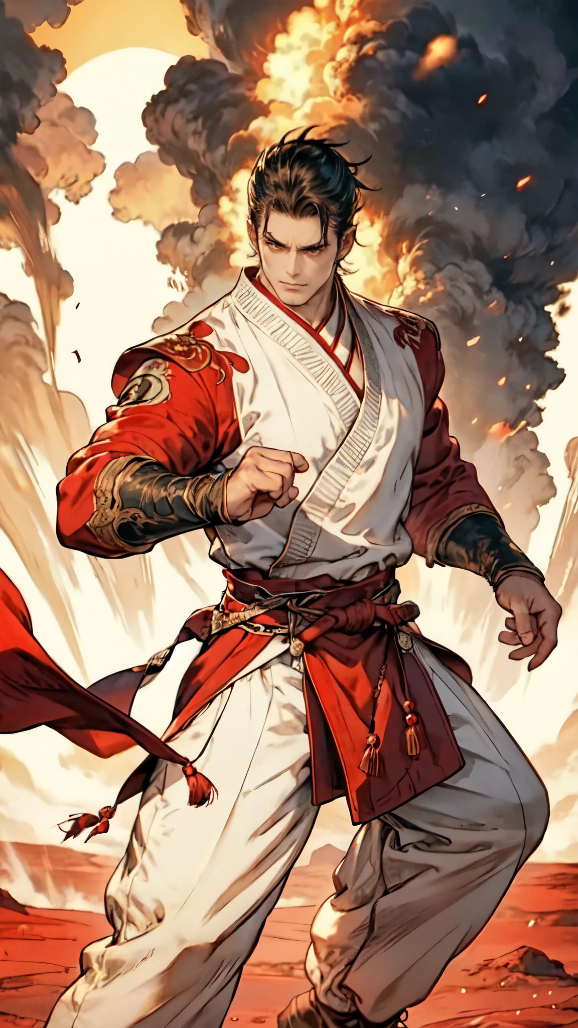 (masterpiece:1.2, best quality:1.2, extremely delicate:1.2), ((male:1.5)), a young man with dark-blue slicked-back spiky short hair, sharp and piercing eyes, arrogant expression, brown skin, tall and robust physique, a simple solid-colored traditional Chinese clothing, a red fabric belt, flowing hems, red cloth wrist guards, coarse cloth trousers, the air around him shimmers with heat distortion, standing in front of erupting volcano, this character embodies a finely crafted fantasy-style martial arts in anime style, exquisite and mature manga art style, dramatic, high definition, highres, ultra-detailed, ultra-fine painting, professional, perfect body proportions, golden ratio, anatomically correct, symmetrical face, extremely detailed eyes and face, high quality eyes, creativity, RAW photo, UHD, 32k, Natural light, cinematic lighting, (masterpiece-anatomy-perfect:1.2)