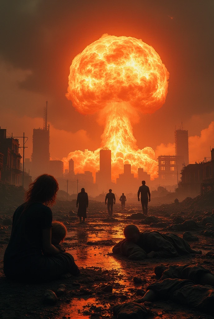 painting of a man standing in front of a huge explosion, nuclear apocalypse, in front of a nuclear explosion, world ending nuke, nuclear war, nuclear attack, end of world, nuclear bomb blast, end of the world, nuclear explosions paint sky, nuclear fallout, apocalyptic setting, ww 3, ww3, world war iii, nuclear explosion!!!, nuclear explosion