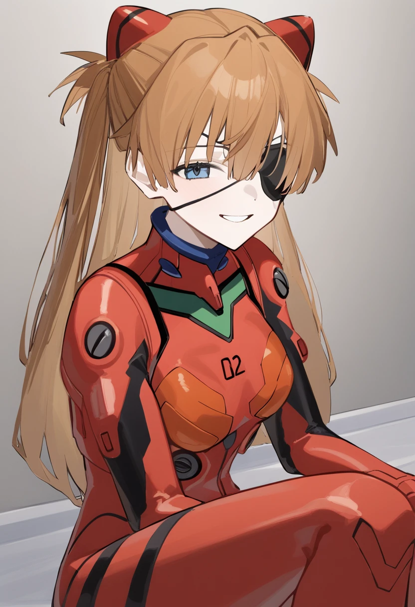  best quality、 anatomically correct、 detailed face 、Mysterious、 1 girl, 、 Neon Genesis Evangelion、Shikinami Asuka Langley sitting by the wall、 red plug suit、 eye patch（Cat Hat、black）、smile