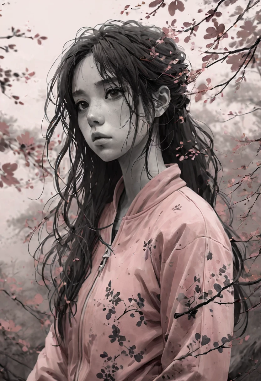 Moody portrait of a pensive young woman with flowing dark hair, inspired by the ink wash paintings of Bada Shanren and the character design of Bocchi from the anime Bocchi the Rock, delicate yet expressive facial features, branches or vines emerging from around the head, ethereal atmosphere with muted tones, hints of pale pink accents echoing Bocchi's signature tracksuit, melancholic energy balanced with a touch of youthful innocence, thoughtful gaze conveying a sense of internal struggle or creative contemplation, artstation trending, emotive character study, flat design, lineart, guitar, tracksuit, pink tone:1.4
