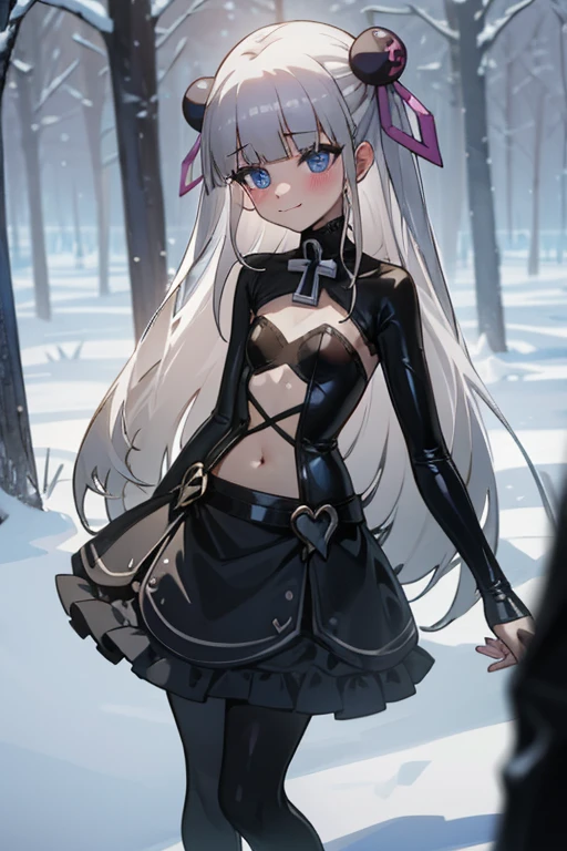 The girl is posing sexy, wearing a black latex ruffled dress, blue luminous eyes, white long hair, strong black eyeliner around her eyes, perfect fingers, flat chested, flat stomach, skinny body, small stature, short stature, little body, big head, white skin, a snow forest in the background, black long socks with golden details, blunt bangs in her forehead, without sleeves, lewd smile face with slightly blushing, maria,