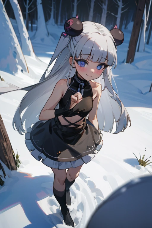 The girl is posing sexy, wearing a black latex ruffled dress, blue luminous eyes, white long hair, strong black eyeliner around her eyes, perfect fingers, flat chested, flat stomach, skinny body, small stature, short stature, little body, big head, white skin, a snow forest in the background, black long socks with golden details, blunt bangs in her forehead, without sleeves, lewd smile face with slightly blushing, maria,