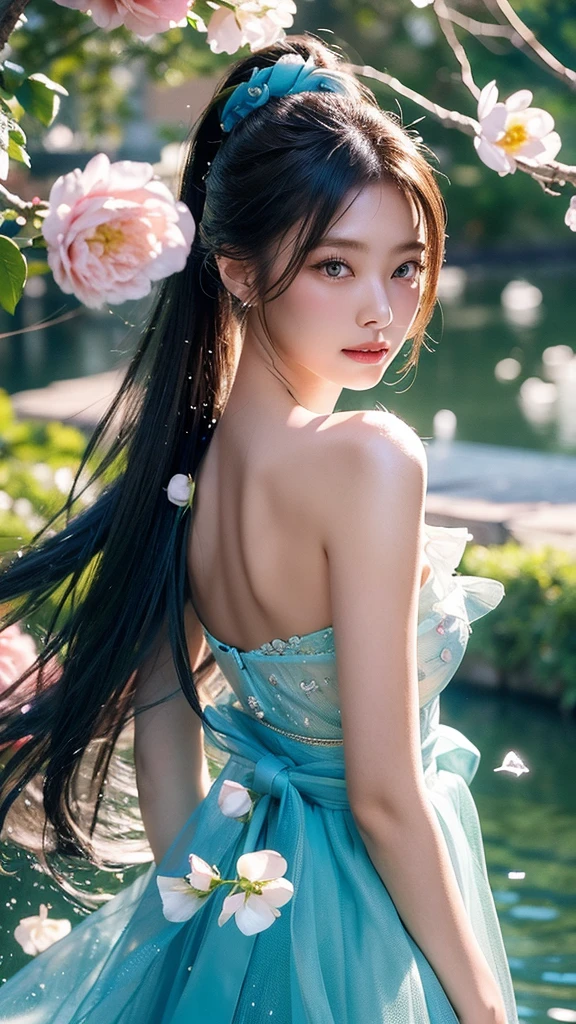 masterpiece,best quality,high resolution,8K,,((Head close-up)),original photo,real picture,Forest environment((Field background)),Digital Photography,18 year old girl,(Long ponytail hairstyle),Open lips,Noble and charming,Elegant and serious,hollow-carved design,Beautiful Pattern,Mystical Emblem,Cool and beautiful breasts)),Chest groove,Photo poses,oc render reflection texture,Bright colors,