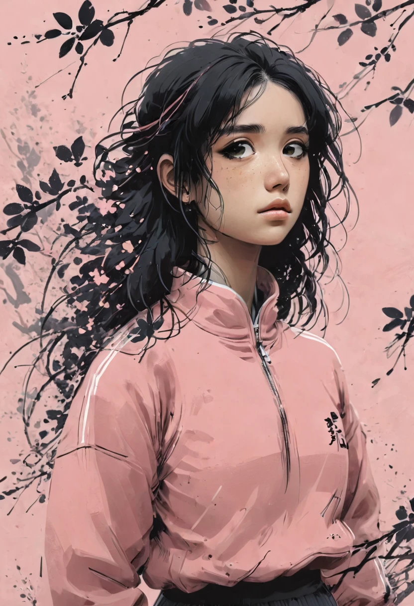 Moody portrait of a pensive young woman with flowing dark hair, inspired by the ink wash paintings of Bada Shanren and the character design of Bocchi from the anime Bocchi the Rock, delicate yet expressive facial features, branches or vines emerging from around the head, ethereal atmosphere with muted tones, hints of pale pink accents echoing Bocchi's signature tracksuit, melancholic energy balanced with a touch of youthful innocence, thoughtful gaze conveying a sense of internal struggle or creative contemplation, artstation trending, emotive character study, flat design, lineart, guitar, tracksuit, pink tone:1.4, gotohdef, one side up, cube hair ornament
pink jacket, track jacket, long sleeves, skirt, playing guitar:1.5, 
