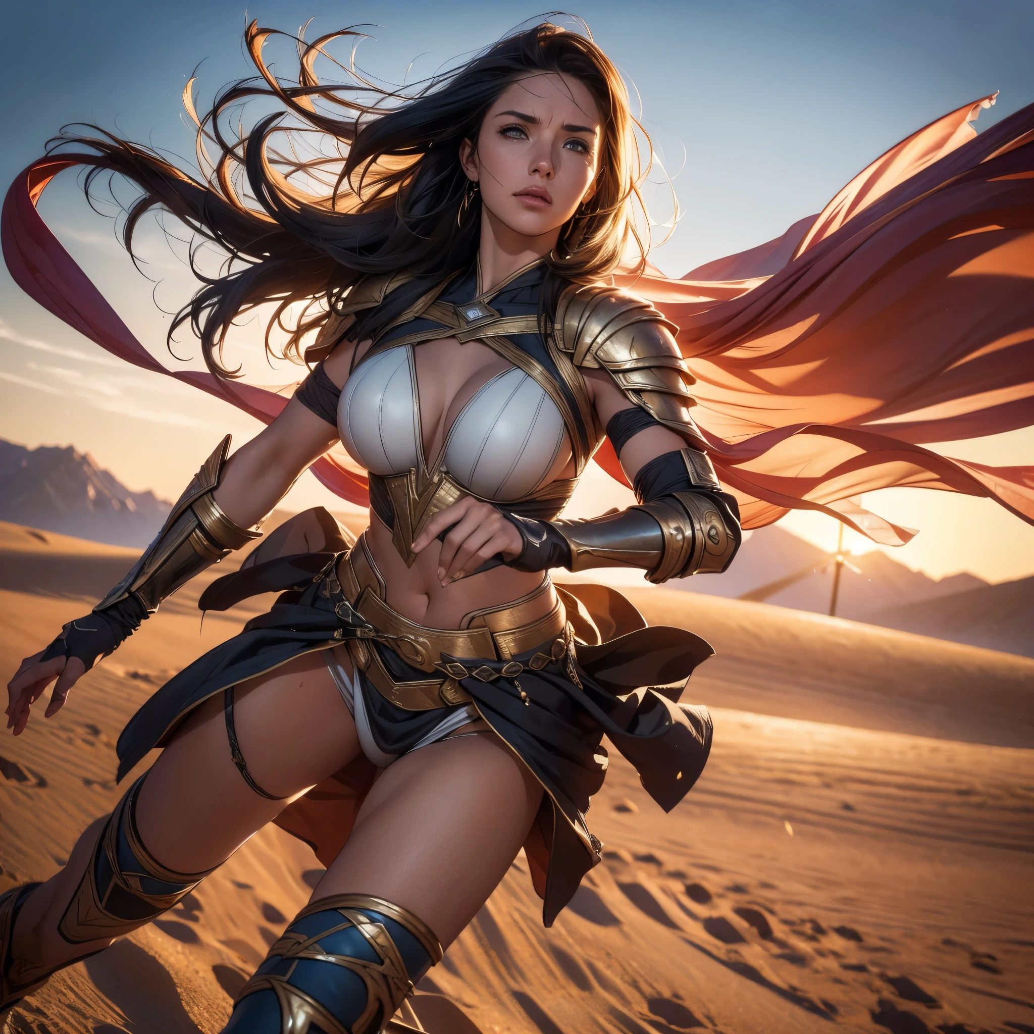 Standing atop the jagged cliffs, she is a vision of raw power and regal presence. Her muscular frame, honed from countless battles, gleams under the midday sun, highlighting the intricate tribal tattoos that weave across her bronzed skin. Clad in a mix of rugged furs and glistening, battle-worn armor, she exudes both primal strength and fierce elegance. Her wild, flowing hair, like a mane of untamed fire, frames a face marked by both beauty and the hard lines of a warrior’s life. Piercing eyes, sharp as a hawk’s, scan the horizon with an intensity that could shatter stone. In one hand, she grips a colossal, bloodstained battle axe, its blade etched with the runes of her ancestors. In the other, she holds the severed head of a fallen enemy, a grim trophy of her latest conquest. Every movement she makes is a testament to her deadly grace and unyielding spirit, a living embodiment of the warrior’s code that she fiercely upholds.

