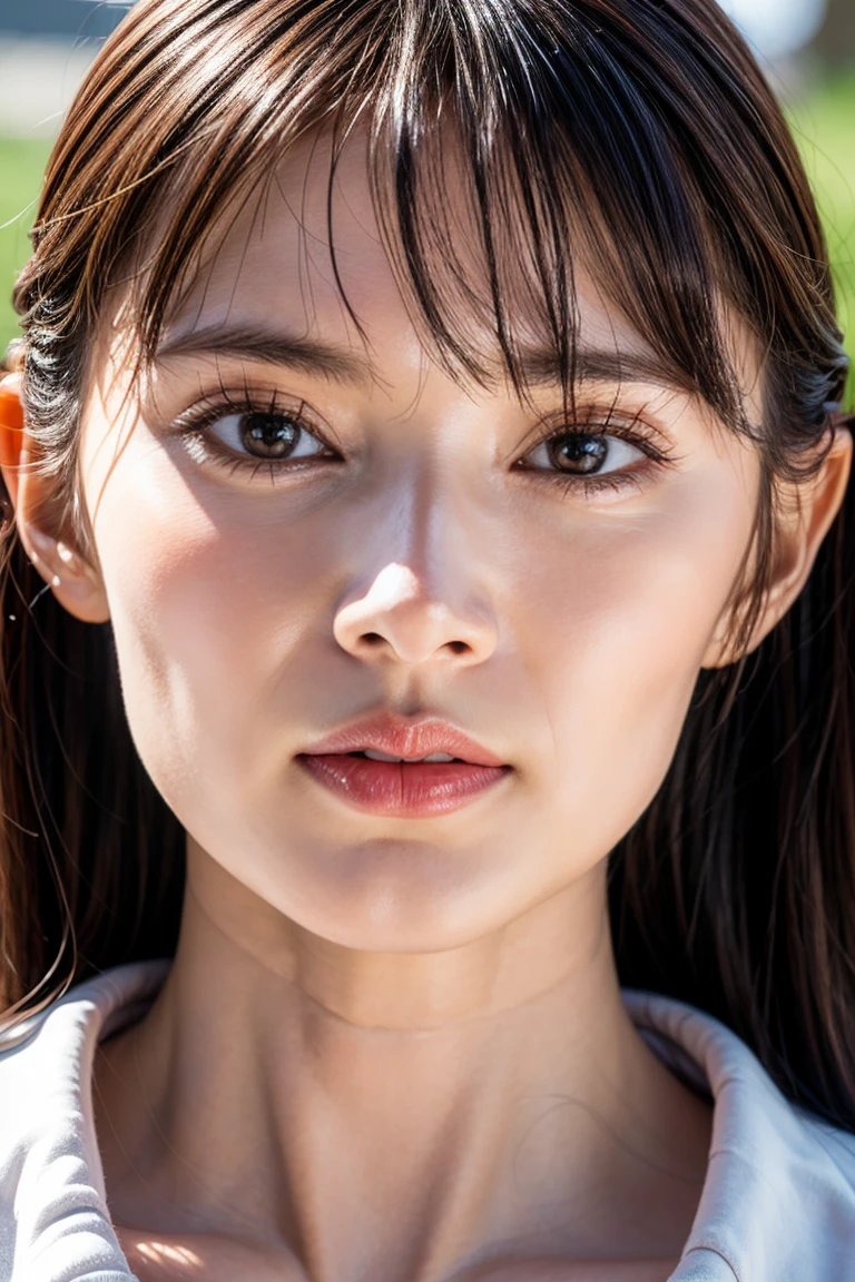 (realistic, photo-realistic:1.2), (best quality, masterpiece), 8k, RAW photo, high resolution, intricate details, extremely detailed, sharp focus, (portrait, face focus, frontal photography), solo, a Japanese woman, detailed face, detailed eyes, beautiful pupils, sophisticated nose, pale skin, fine-textured skin, necklace, jewelry, collarbone, wearing some clothes, simple background,