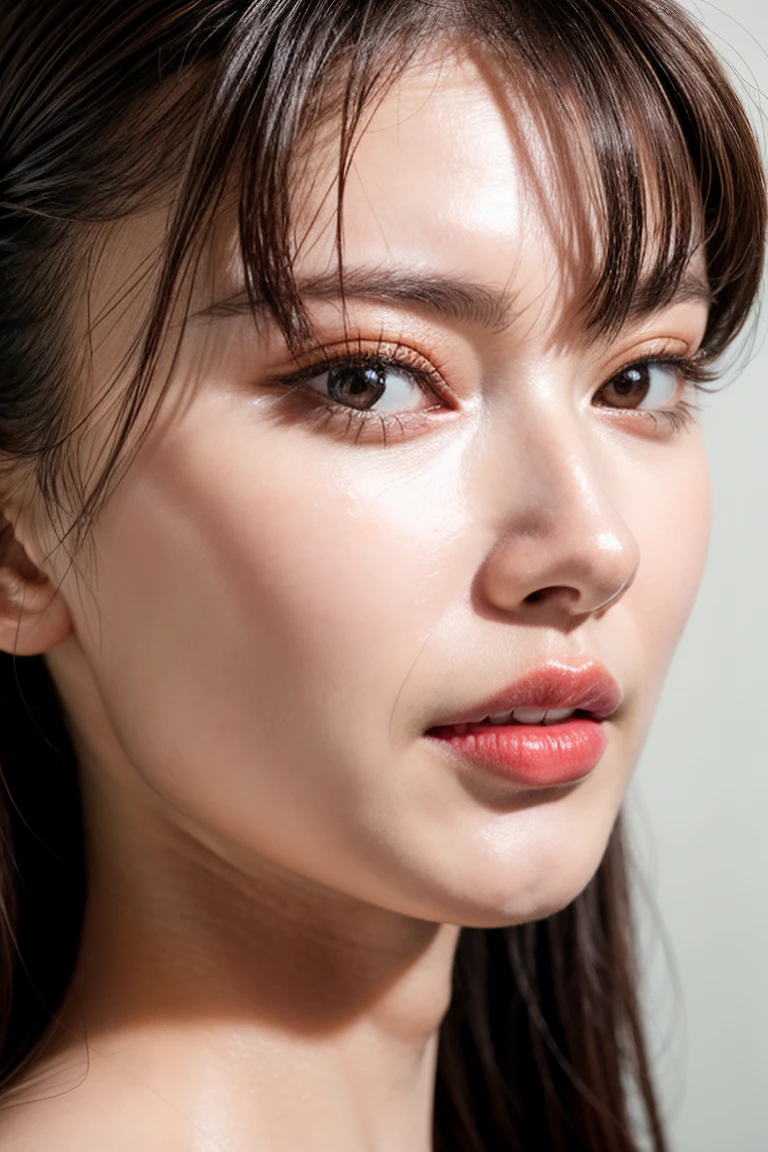 (realistic, photo-realistic:1.2), (best quality, masterpiece), 8k, RAW photo, high resolution, intricate details, extremely detailed, sharp focus, (portrait, face focus, frontal photography), solo, a Japanese woman, detailed face, detailed eyes, beautiful pupils, sophisticated nose, pale skin, fine-textured skin, necklace, jewelry, collarbone, wearing some clothes, simple background,