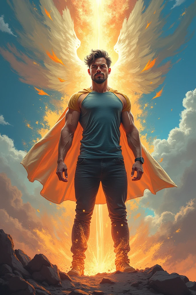 Cartoon of cute energetic muscular man with long white wings, surrounded buy blue and white electricity , background is blue with clouds at top and ocean at the bottom