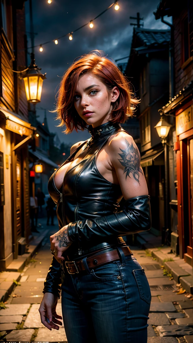 high angle photo of a gorgeous 34 year old woman, healthy skinny,short, small, realistic skin texture, looks up, smiling, big lips, little noose, sexy (red steampunk clothes), steampunk cosplay, (red hair with blue mops), blue hair mops, little boobs, small boobs,flexy boobs, small tits,skinny, posing on the street, night city(cyberpunk), street shops in the background, neon lights, 1 / 2 body crop, 21 5 mm art lens, f 1. 1, sharp focus, 8 k high definition, insanely detailed, intricate, elegant, photorealistic, real life, big shoulder, little neck, long lash, full lips, big lower lip, photo like, realistic picture, synmetric eyes