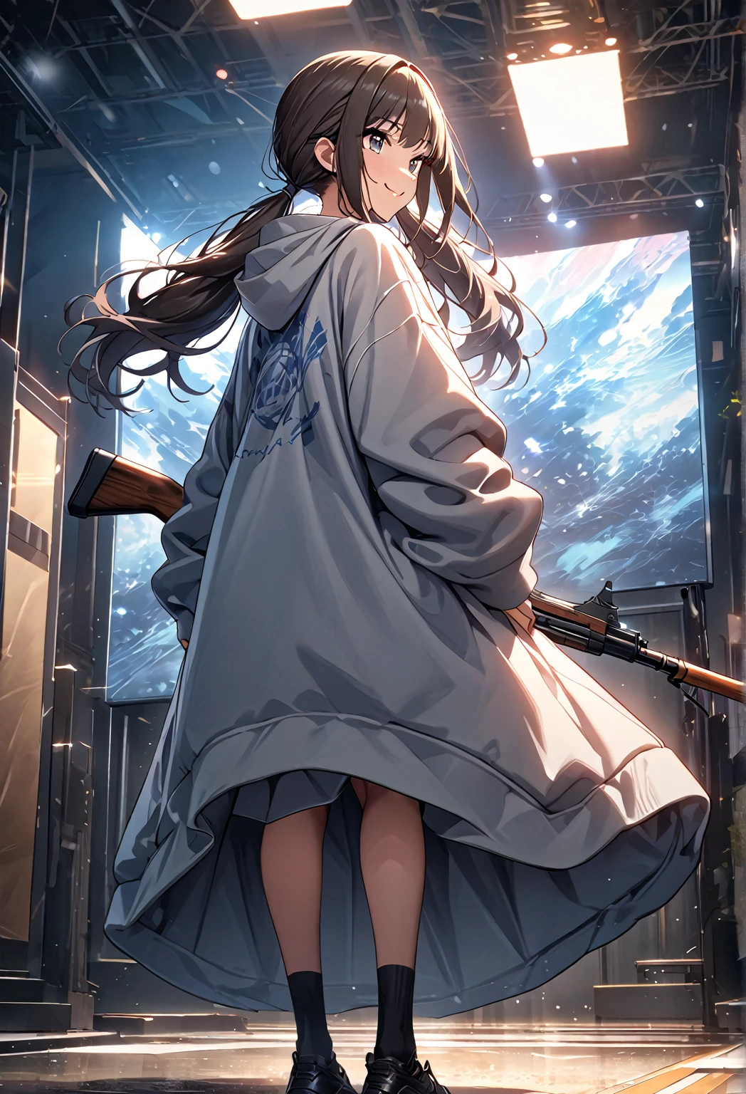 (masterpiece:1.2,  best quality), ( high definition),    1 girl  , Long legs,  twin tails,  oversized hoodie,  Long Skirt、 standing, smile, Volumetric Lighting, Best Shadow,  shallow depth of field, (  best quality , Amazing Details:1.25),  has a rifle