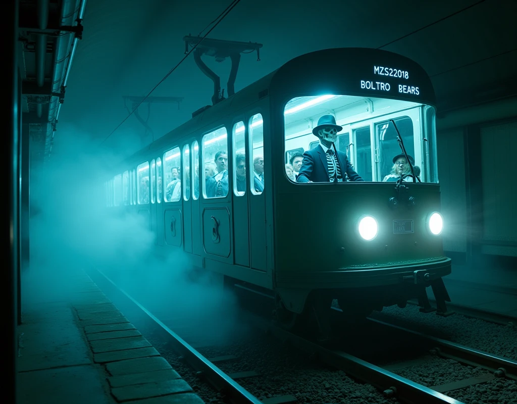 Realistic, theme is "Train that transcends time and space", a mysterious train glowing pale blue runs on the rails of a city subway in the middle of the night, the train is an old-fashioned subway car, the car is filled with many passengers dressed in retro clothes, a skeleton sits in the driver's seat and drives the car, there is a steam-like mist all around, sophisticated design, advanced lighting technology, real-life photo 8K quality