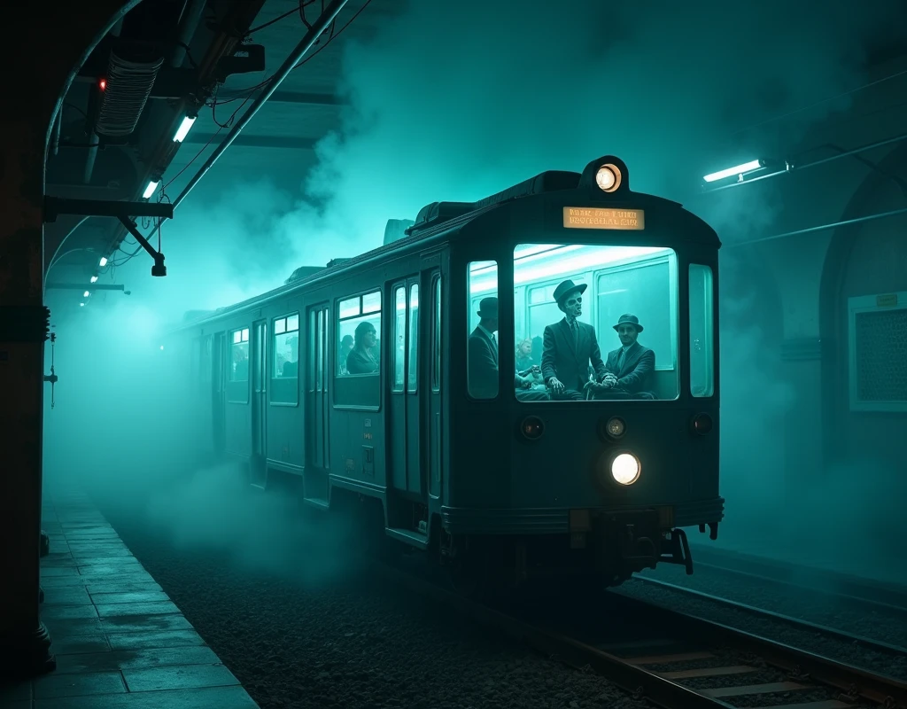 Realistic, theme is "Train that transcends time and space", a mysterious train glowing pale blue runs on the rails of a city subway in the middle of the night, the train is an old-fashioned subway car, the car is filled with many passengers dressed in retro clothes, a skeleton sits in the driver's seat and drives the car, there is a steam-like mist all around, sophisticated design, advanced lighting technology, real-life photo 8K quality