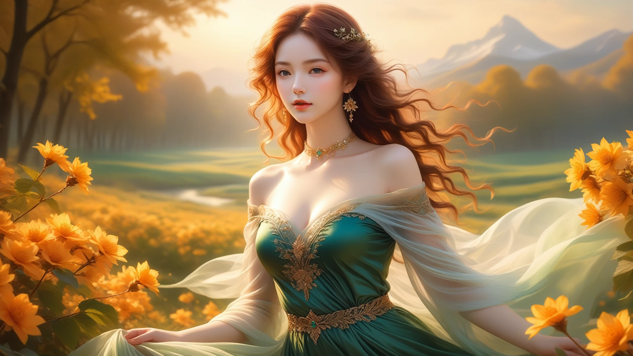 A Masterwork In 32K Resolution, Unmatched Quality, Ultra-Fine Details, Official Art, Supreme 32K Wallpaper, Gorgeous And Ethereal, Highly Detailed Features, Spellbinding Detail, Dutch Angle, Hyper-Realistic, Spring Landscape. One Girl, Solitary, Chestnut And Curly Hair, Long And Flowing, She Is Wrapped In Delicate, Sensuous Silk Fabric, Off-The-Shoulder, Highlight Her Ample Breasts, Emerald Choker, Exquisite Cleavage, Serene Meadow, Floating Glimmers Surrounding Her. The Composition Of Her Ethereal Beauty Is Otherworldly, With The Reflected Adding Depth And Magic, Enhanced By Gentle, Dreamlike Lighting That Captures Every Nuance. Her Sculpted, Angelic Face Shines Against The Blooming Flowers, Illuminating Her Timeless Grace In This Astonishingly Realistic And Enchanting Scene.