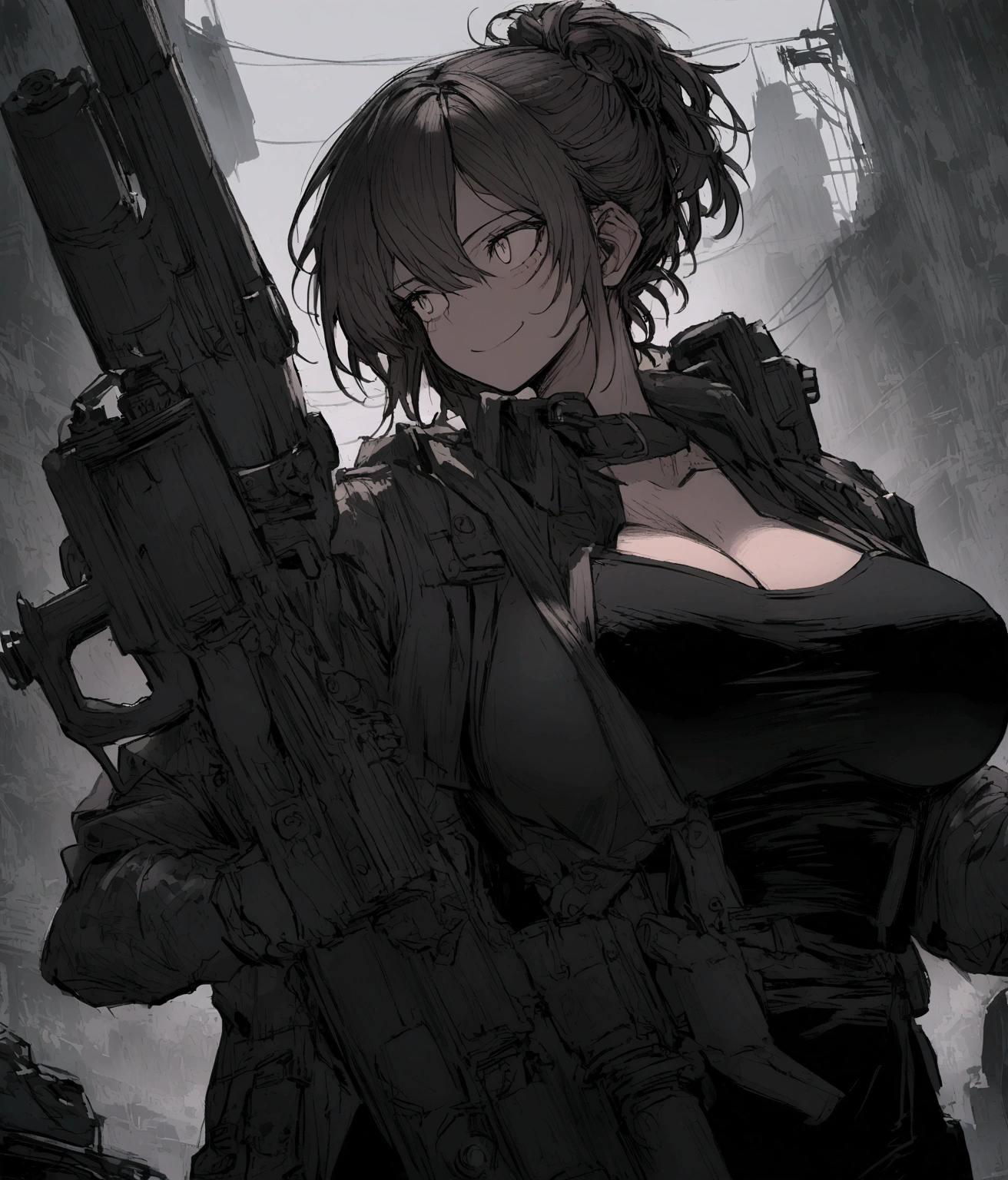 Men's short hair hairstyle Holding an AK rifle Big breasts Holding a minigun 