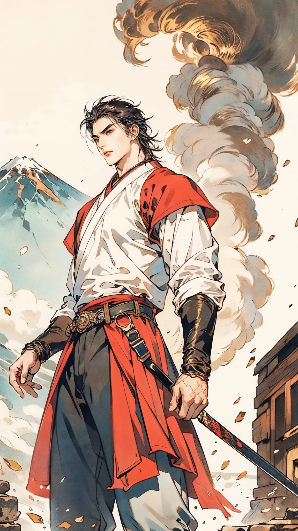 (masterpiece:1.2, best quality:1.2, extremely delicate:1.2), ((male:1.5)), a young man with dark-blue slicked-back spiky short hair, sharp and piercing eyes, arrogant expression, brown skin, tall and robust physique, a simple solid-colored traditional Chinese clothing, a red fabric belt, flowing hems, red cloth wrist guards, coarse cloth trousers, the air around him shimmers with heat distortion, standing in front of erupting volcano, this character embodies a finely crafted fantasy-style martial arts in anime style, exquisite and mature manga art style, dramatic, high definition, highres, ultra-detailed, ultra-fine painting, professional, perfect body proportions, golden ratio, anatomically correct, symmetrical face, extremely detailed eyes and face, high quality eyes, creativity, RAW photo, UHD, 32k, Natural light, cinematic lighting, (masterpiece-anatomy-perfect:1.2)