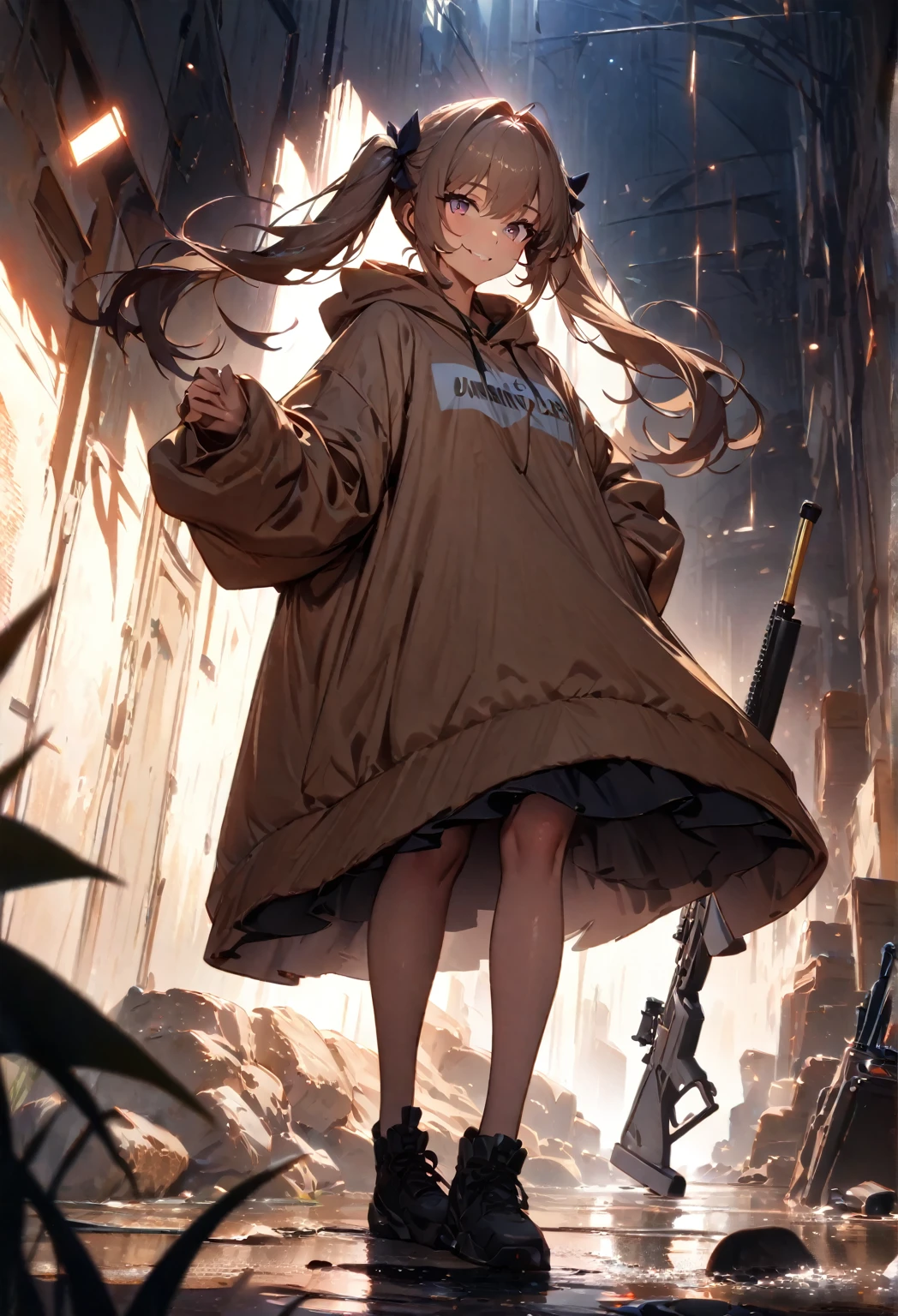 (masterpiece:1.2,  best quality), ( high definition),    1 girl  , Long legs,  twin tails,  oversized hoodie,  Long Skirt、 standing, smile, Volumetric Lighting, Best Shadow,  shallow depth of field, (  best quality , Amazing Details:1.25),  has a rifle