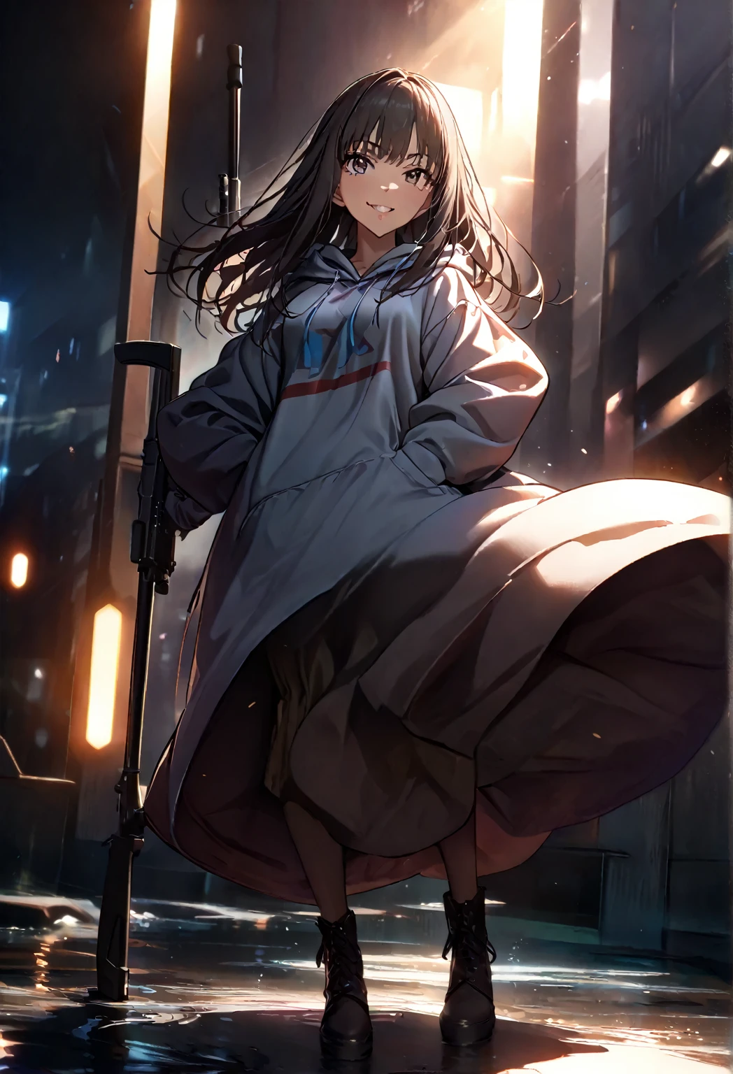 (masterpiece:1.2,  best quality), ( high definition),    1 girl  , Long legs,   oversized hoodie,  Long Skirt、 standing, smile, Volumetric Lighting, Best Shadow,  shallow depth of field, (  best quality , Amazing Details:1.25),  has a rifle